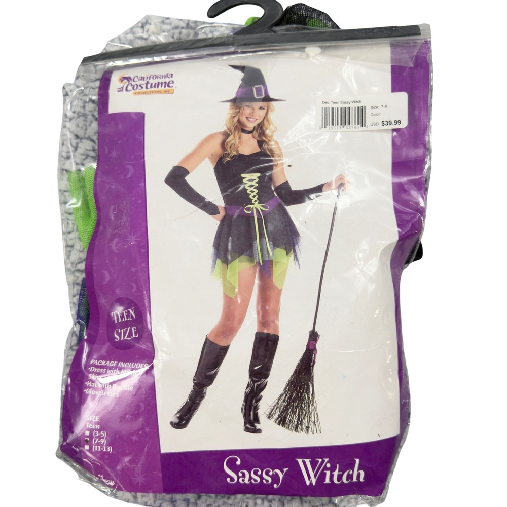 California Costume Sassy Witch Teen 7-9 Black Purple Green Halloween Outfit Set